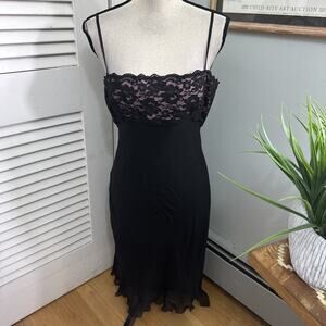 Vintage Express Slip Dress 12 Black Silk Cocktail Strappy Lace Midi Y2K Coquette